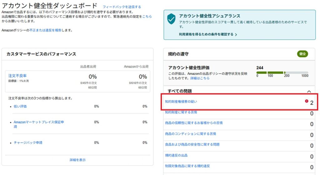 アカウント健全性ページ