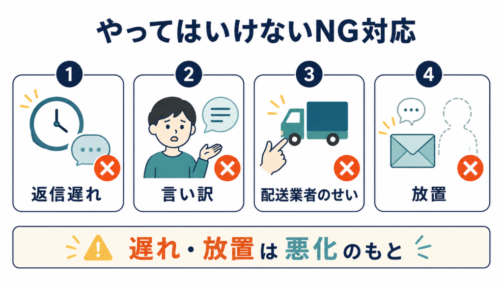 やってはいけないNG対応
遅れ・放置は悪化のもと