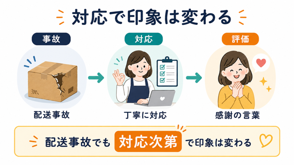 対応で評価がきまる
配送事故でも対応次第で印象は変わる