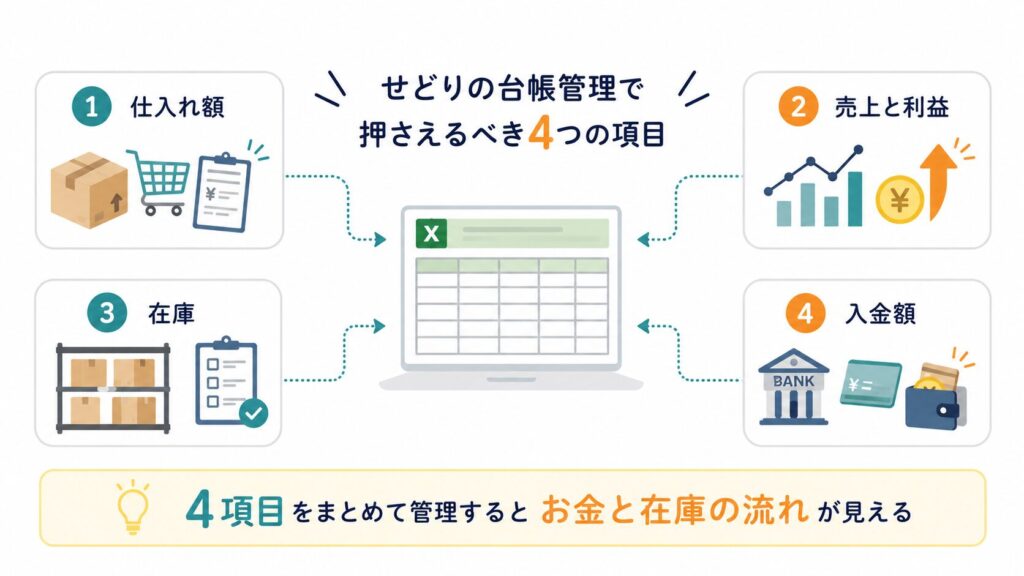 せどりの台帳管理で押さえるべき4つの項目のイラスト