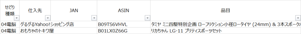 仕入れ管理の台帳例　商品情報